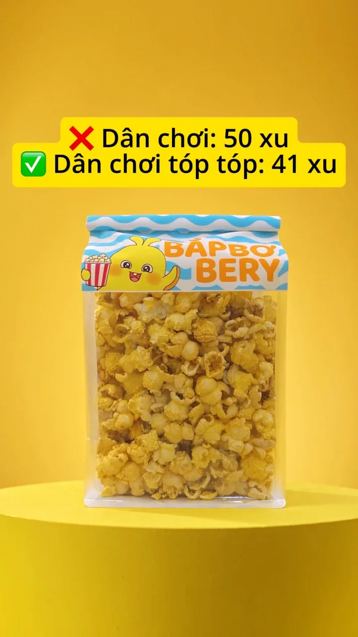 Túi Bắp Bơ Bery thật với bao bì sóng xanh và nhân vật Bery