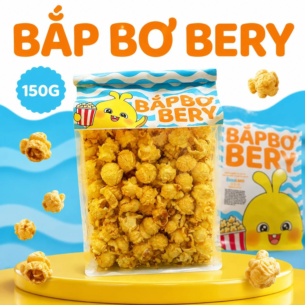 Túi Bắp Bơ Bery thật với bao bì sóng xanh và nhân vật Bery