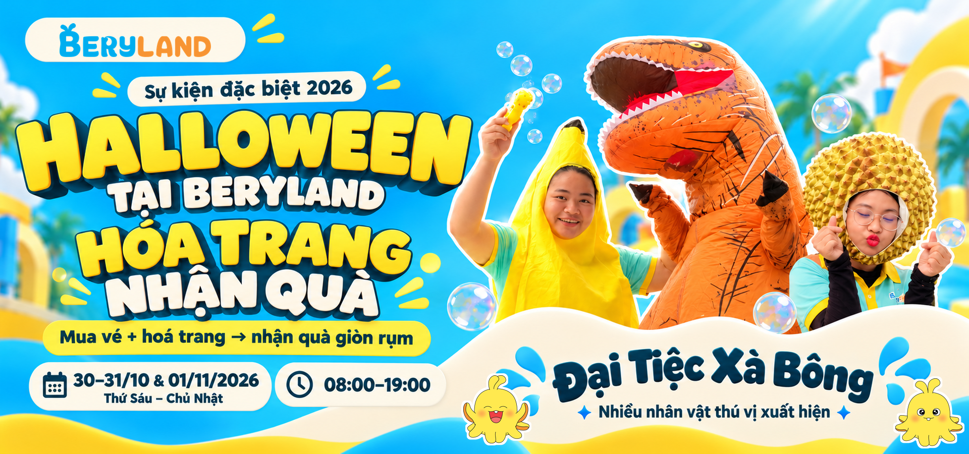 Halloween tại Beryland 2026: hóa trang nhận quà, vui cùng Đại Tiệc Xà Bông. Khủng long, hai nhân viên và hai bạn Bery xuất hiện ở bên phải.