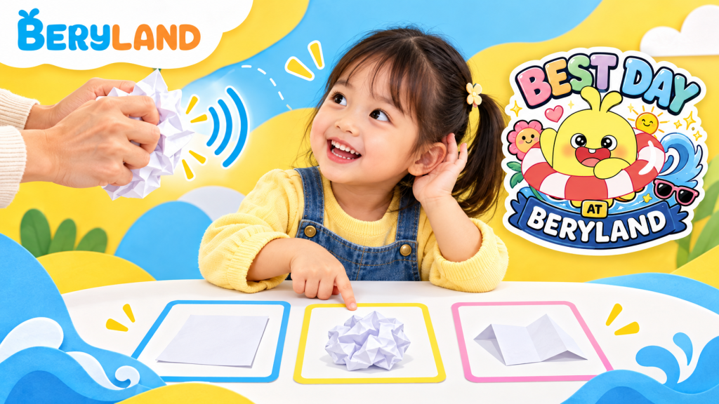 Bé đoán tiếng động cùng ba mẹ.