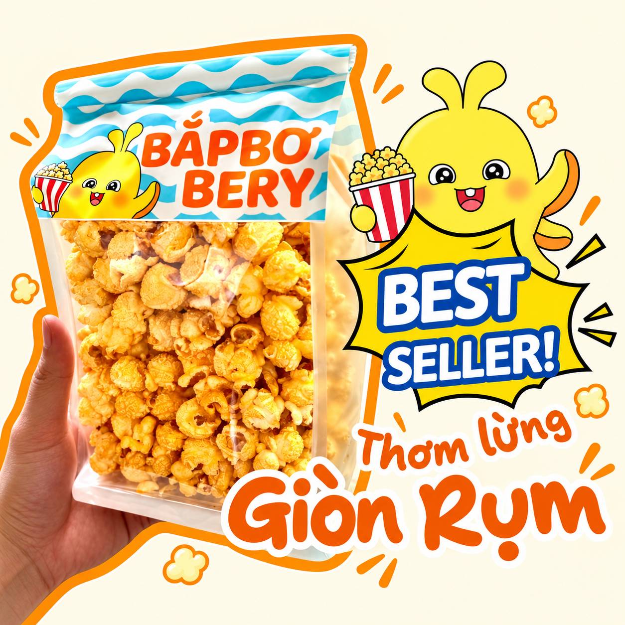 Túi Bắp Bơ Bery thật với bao bì sóng xanh và nhân vật Bery