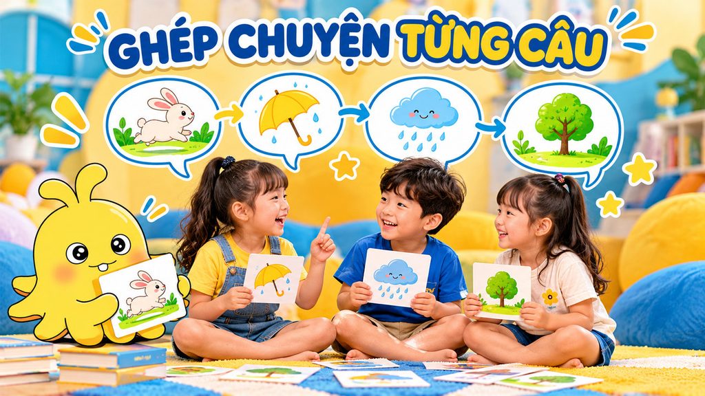 Cùng nhau ghép chuyện từng câu: mỗi bạn đóng góp một ý tưởng và lắng nghe lượt kể tiếp theo.