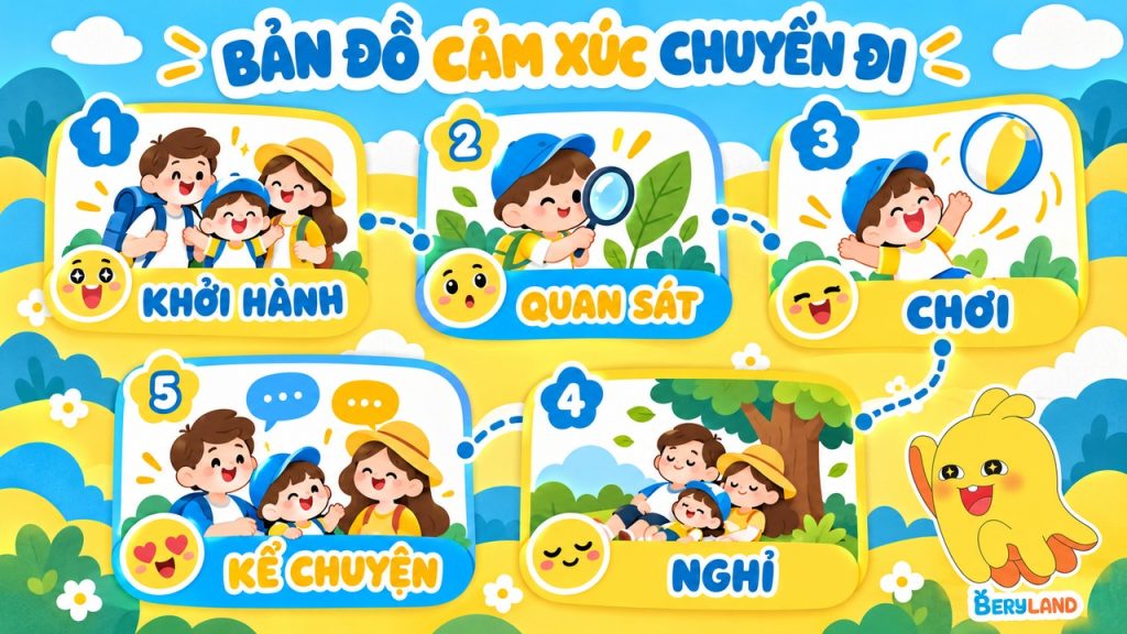 Bản đồ cảm xúc chuyến đi gia đình với những khoảng nghỉ và trò chuyện.