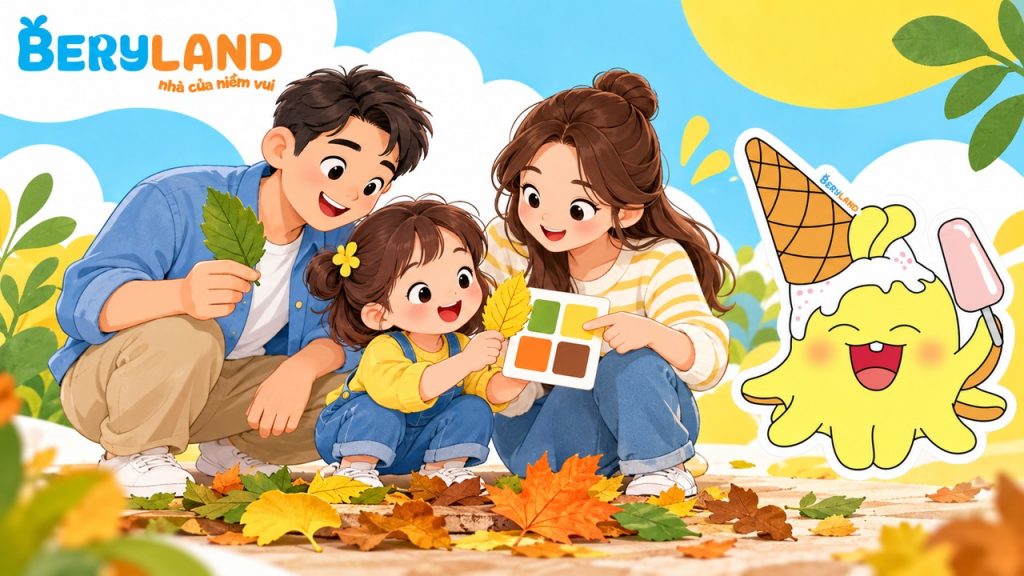 Bé quan sát màu sắc lá cây cùng ba mẹ.