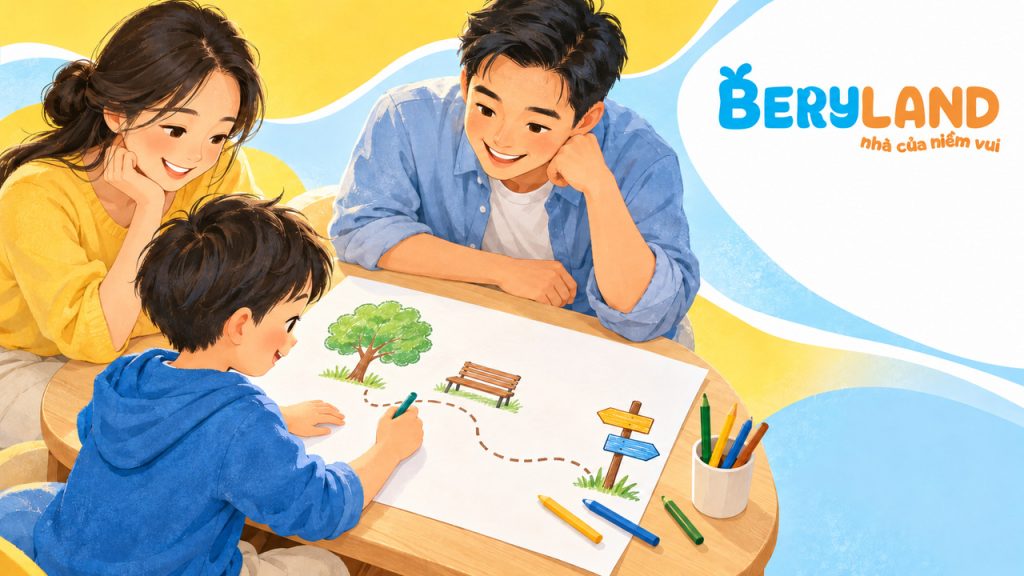 Bé vẽ bản đồ giấy với các điểm mốc sau trò quan sát cùng gia đình