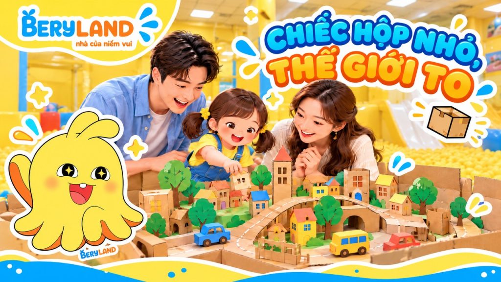 Thùng carton được bé tưởng tượng thành thành phố tí hon trong minh họa Beryland.