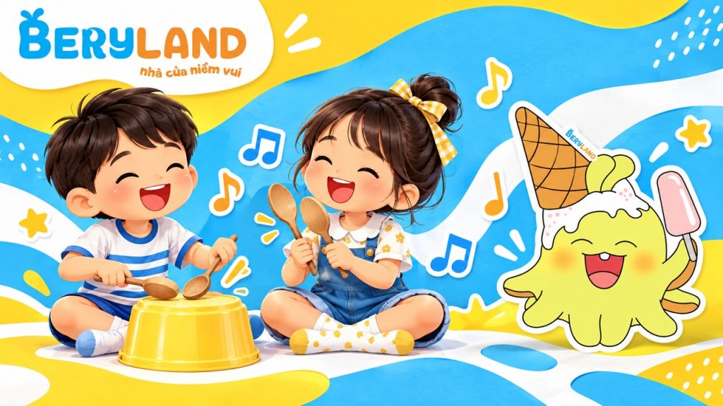 Hai bé cùng tạo nhịp âm thanh với vật dụng an toàn.