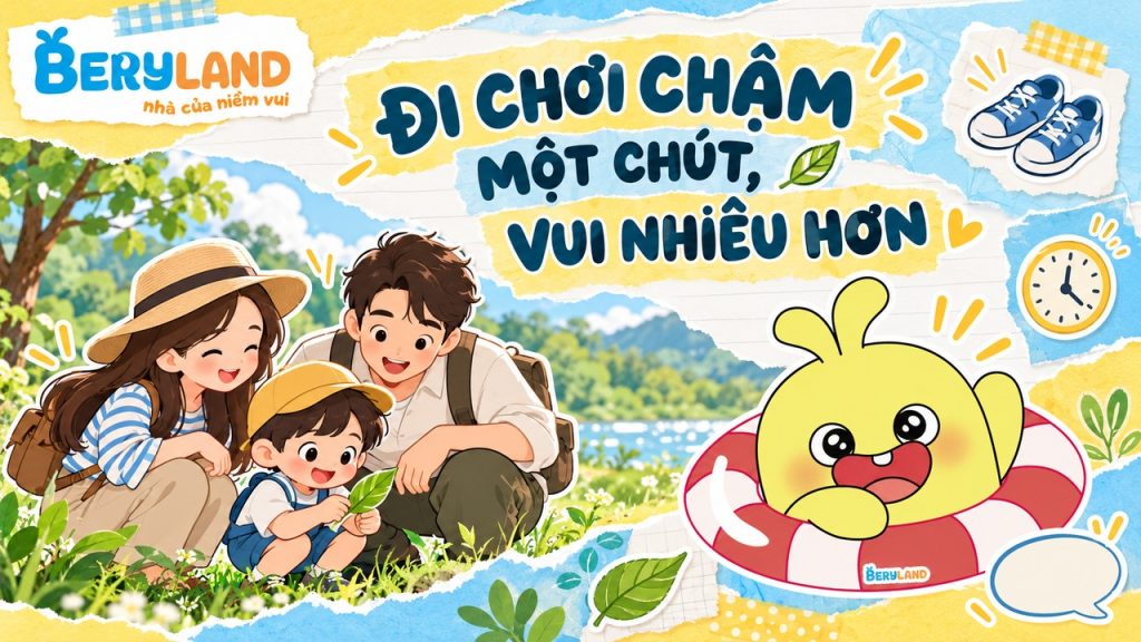 Minh họa gia đình tận hưởng chuyến đi chơi chậm rãi cùng mascot Beryland