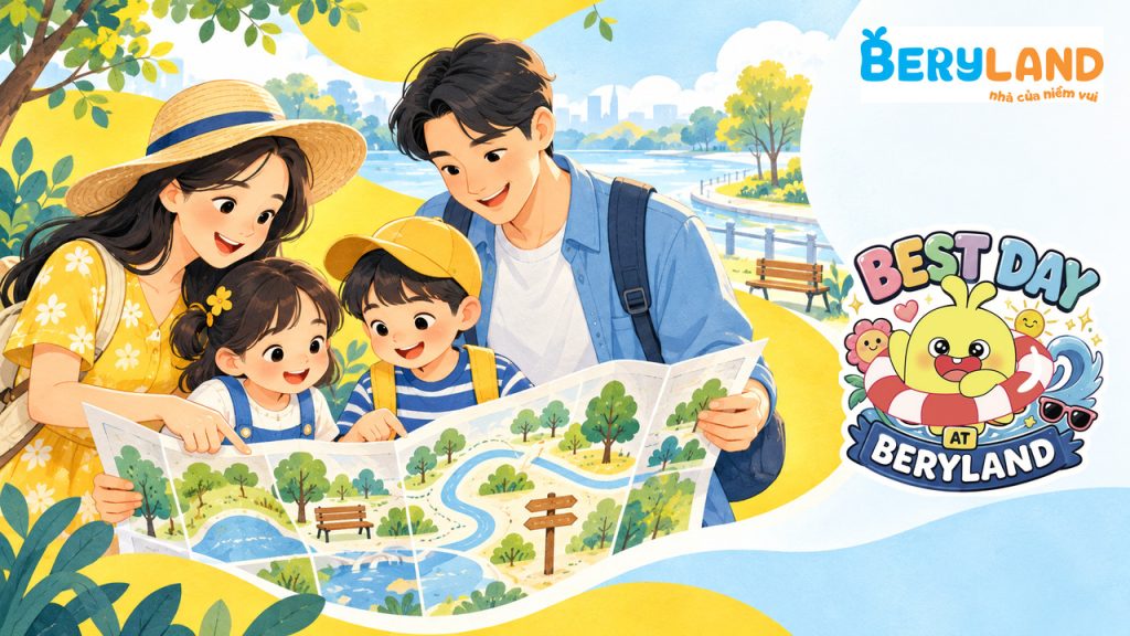 Gia đình cùng bé quan sát bản đồ giấy và điểm mốc khi đi chơi