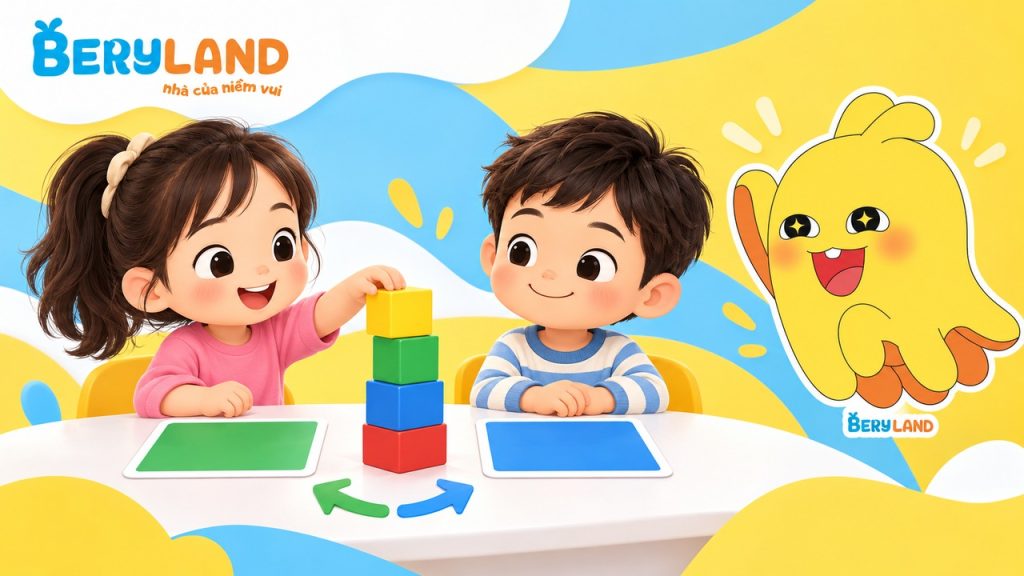 Hai bé khác tuổi học cách chia lượt chơi.