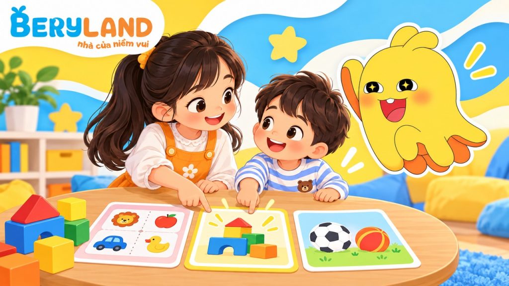 Hai bé khác tuổi cùng chọn trò chơi.