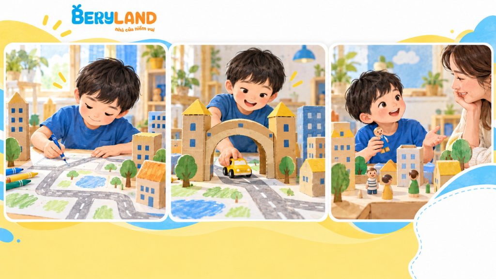 Cảnh bé sáng tạo với hộp giấy từ bản vẽ đến câu chuyện tưởng tượng.