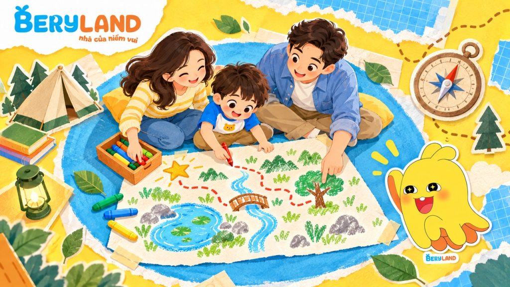 Bé vẽ bản đồ khám phá thiên nhiên cùng ba mẹ.