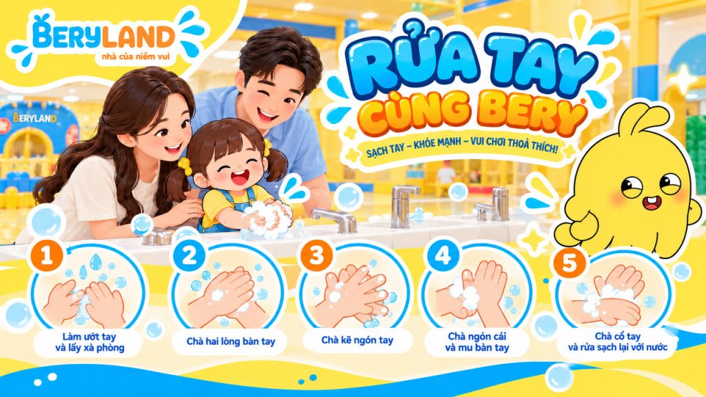 Bé học rửa tay với xà phòng theo năm bước, Beryland minh họa.