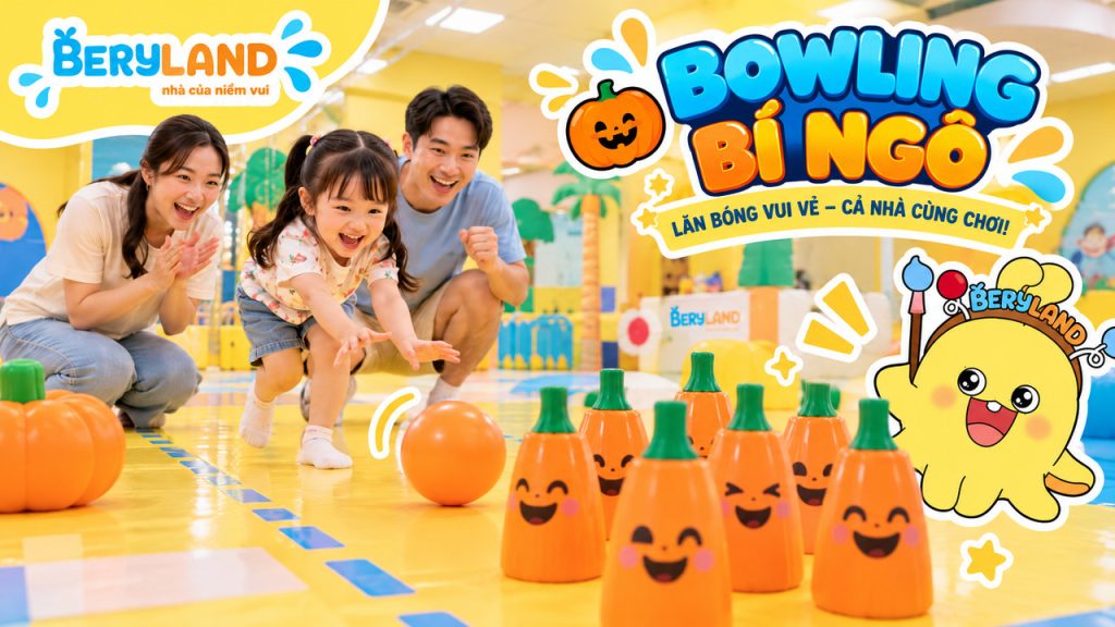 Trò bowling bí ngô bằng bóng mềm và trò chơi Halloween an toàn cho trẻ.