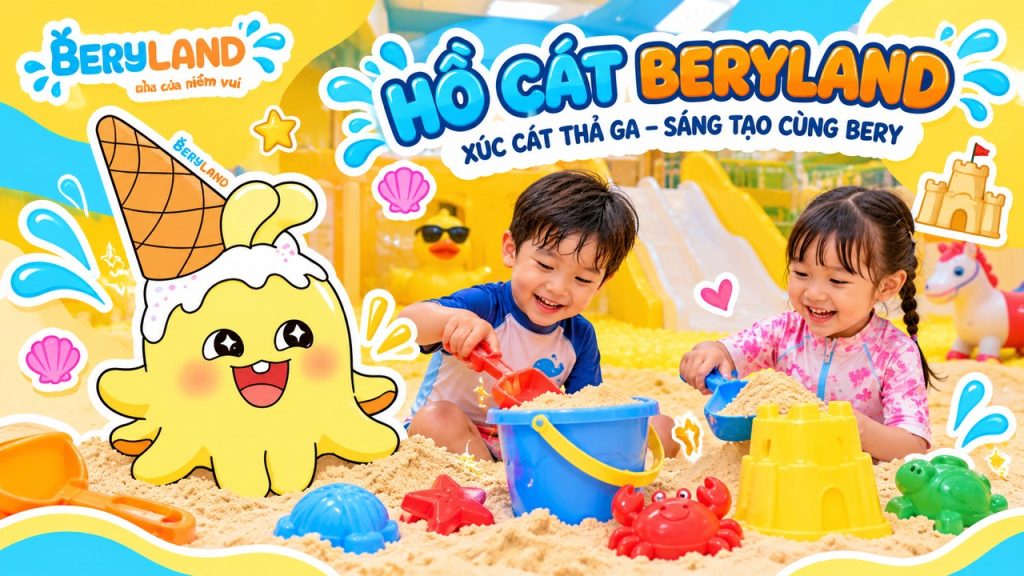 Bé xúc và đong cát bằng dụng cụ an toàn cùng mascot Bery nguyên bản.